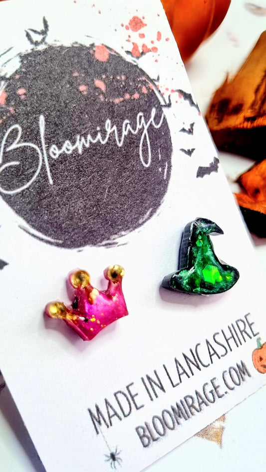 elphaba and glinda wicked mismatched earrings. inspired by the wizard of oz and wicked. perfect for any wicked witch or good witch. halloween jewellery for ladies and girls.
