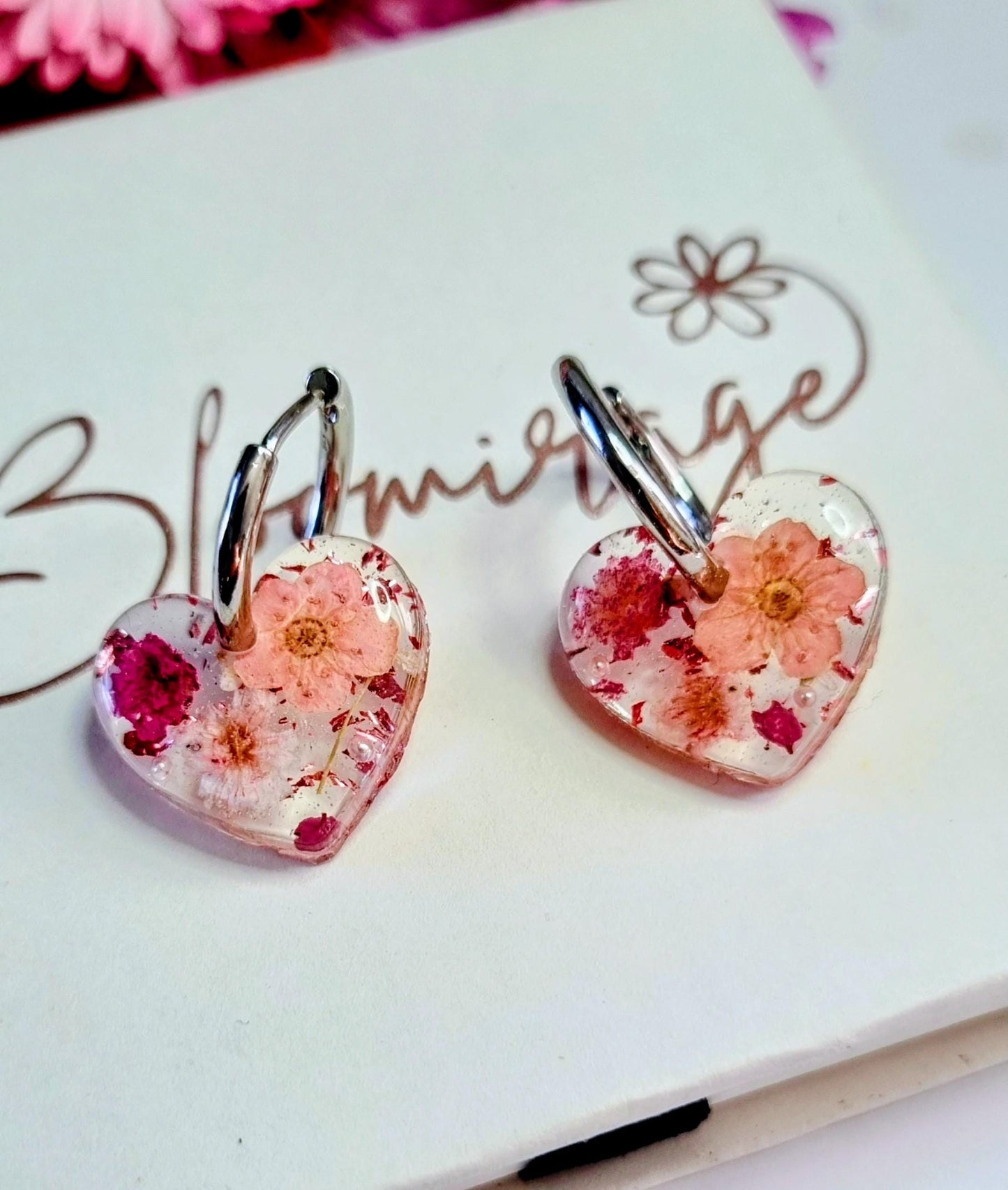 Pink Heart Hoop Earrings | Real Pressed Flower Botanical Jewelry | Meaningful Gift for her