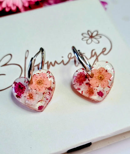 Pink Heart Hoop Earrings | Real Pressed Flower Botanical Jewelry | Meaningful Gift for her