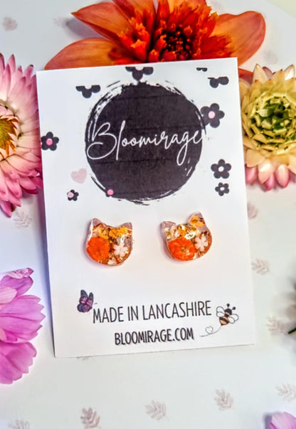 Cat Stud Earrings | Handmade Resin Jewellery | Real Pressed Flower | Feline Lover Gift