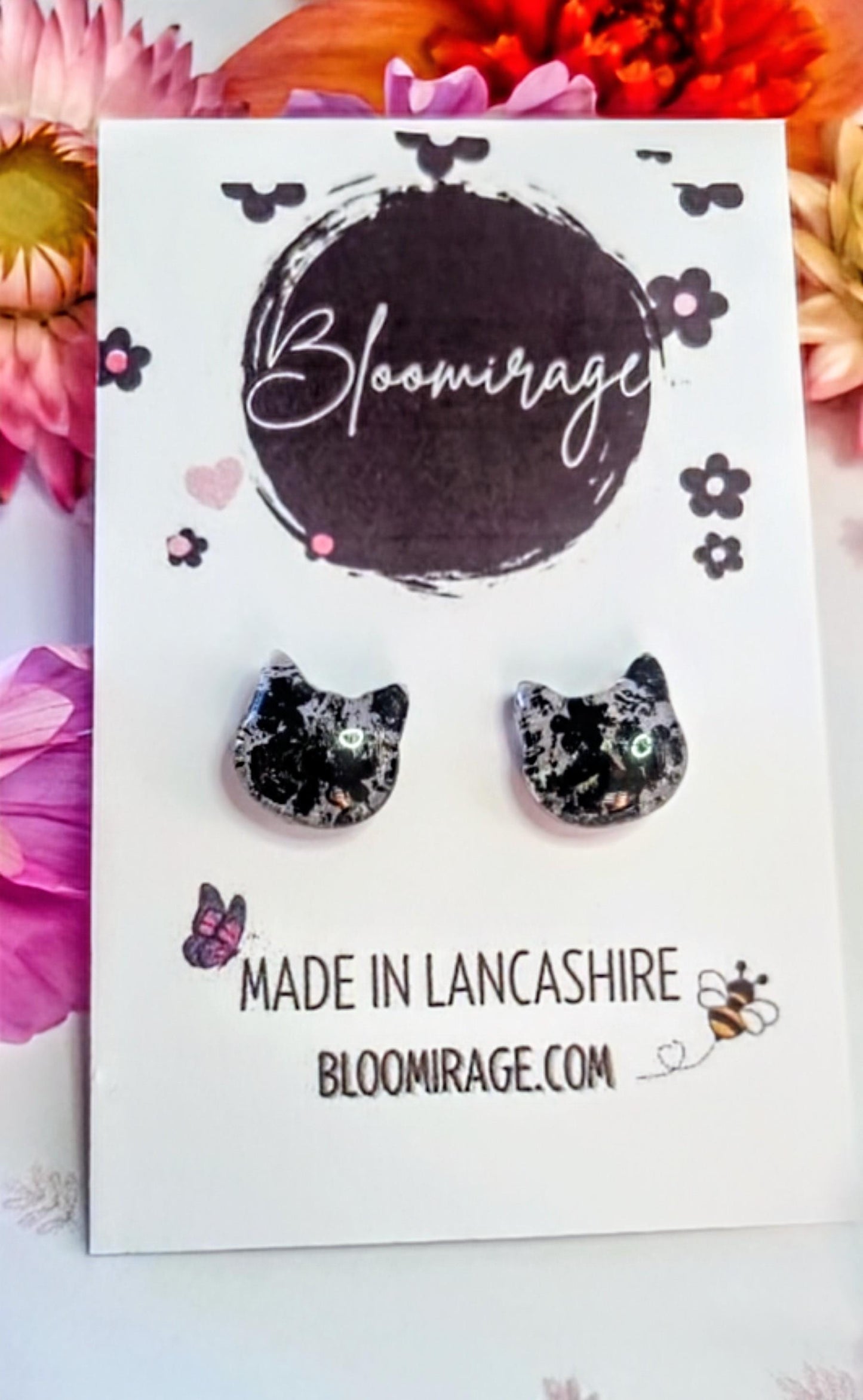 Cat Stud Earrings | Handmade Resin Jewellery | Real Pressed Flower | Feline Lover Gift