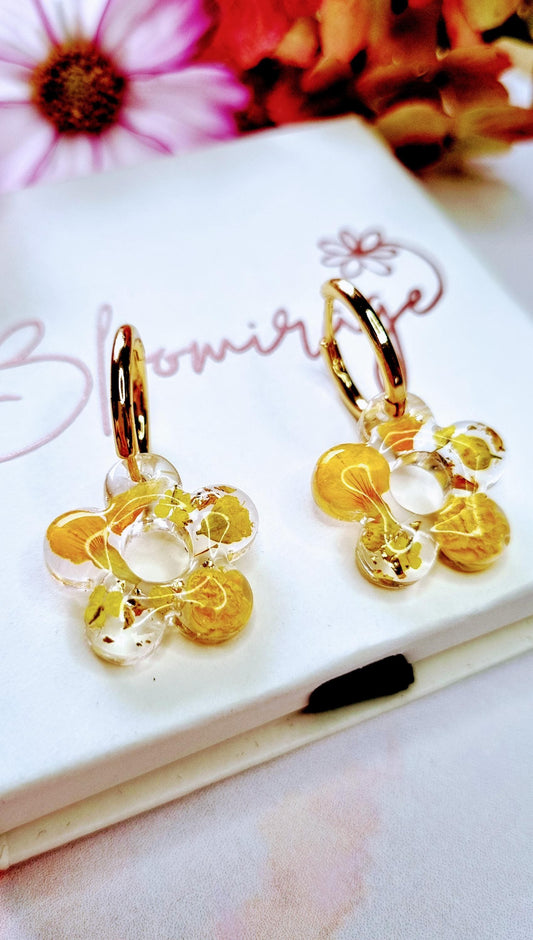 Yellow Daisy Hoop Earrings | Real Pressed Flower, Botanical Jewellery