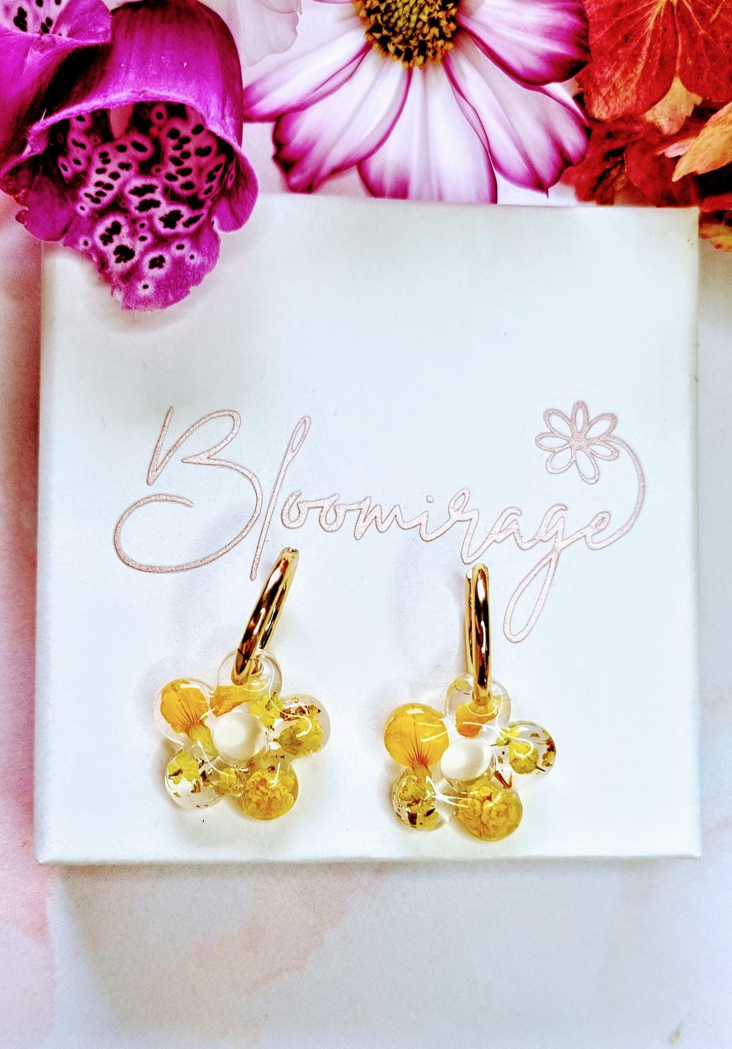 Yellow Daisy Hoop Earrings | Real Pressed Flower, Botanical Jewellery