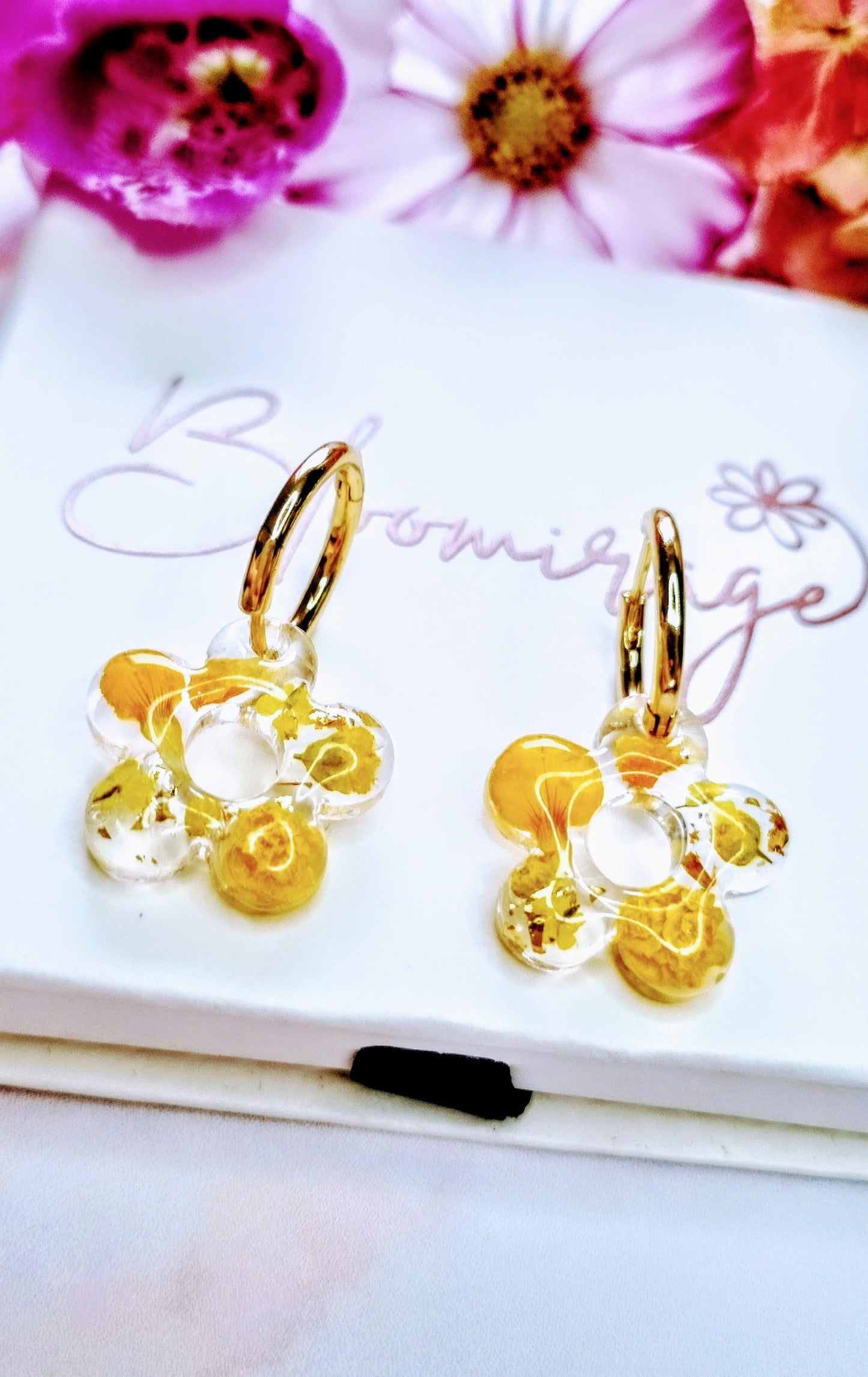 Yellow Daisy Hoop Earrings | Real Pressed Flower, Botanical Jewellery