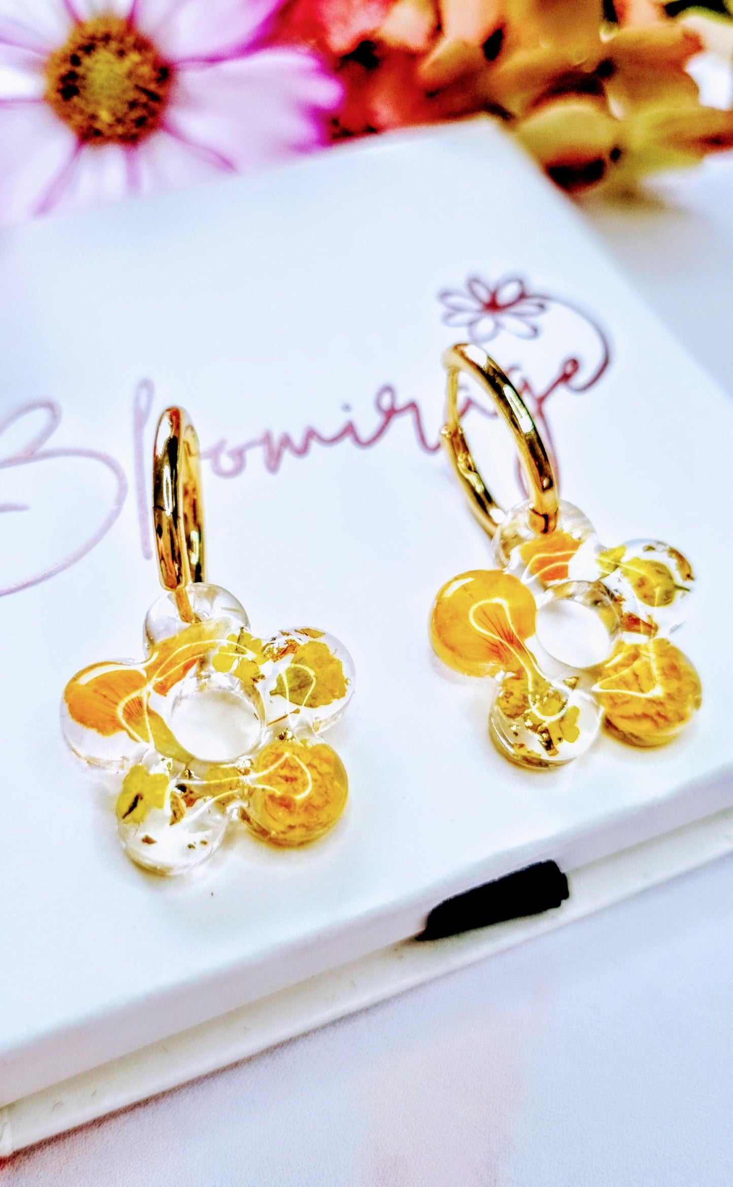 Yellow Daisy Hoop Earrings | Real Pressed Flower, Botanical Jewellery
