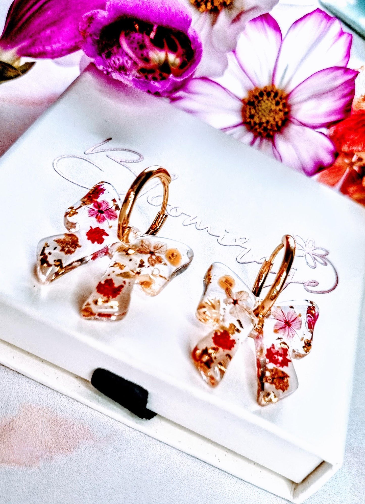 Real Pressed Flower Bow Hoop Earrings | Botanical Jewelry