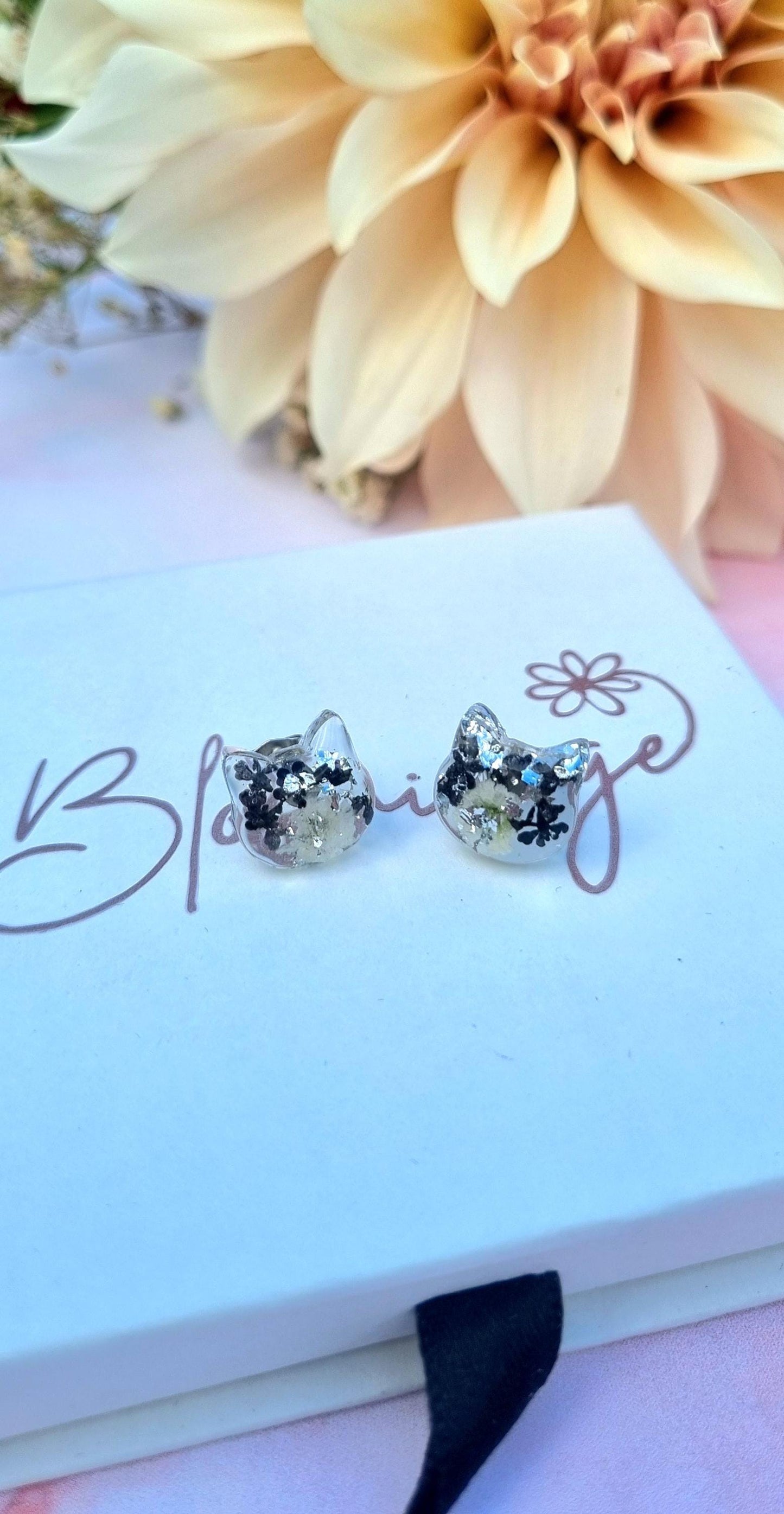 Cat Stud Earrings | Handmade Resin Jewellery | Real Pressed Flower | Feline Lover Gift