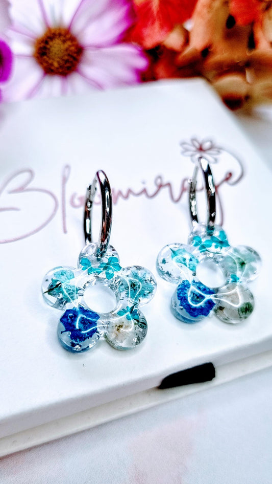 Blue Daisy Hoop Earrings | Real Pressed Flowers, Botanical Jewelry