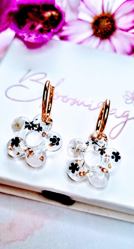 Daisy Hoop Earrings | Black &Gold with Pearl | Real Pressed Flowers | Whimsical Botanical Jewellery