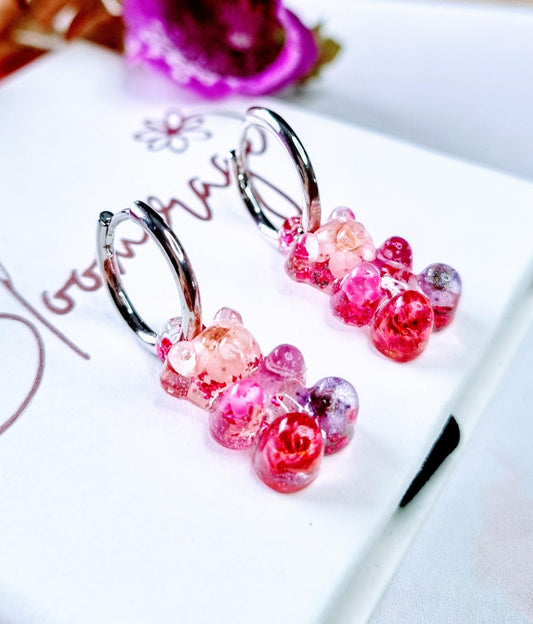 Pink Gummy Bear Hoop Earrings | Real Pressed Flower Botanical Jewelry | Unique Gifts