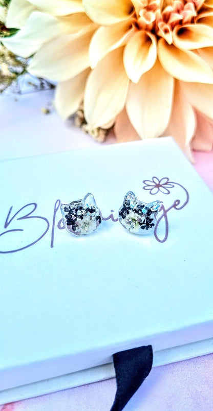 Cat Stud Earrings | Handmade Resin Jewellery | Real Pressed Flower | Feline Lover Gift