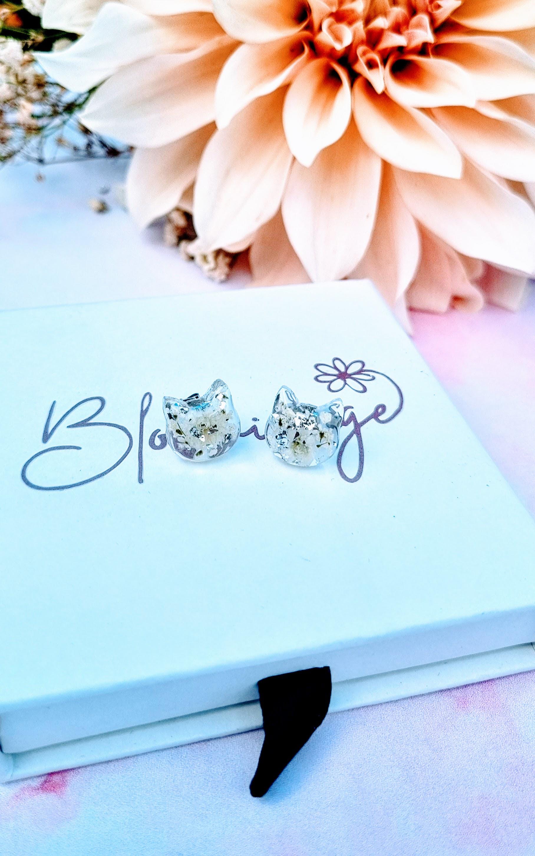 Cat Stud Earrings | Handmade Resin Jewellery | Real Pressed Flower | Feline Lover Gift