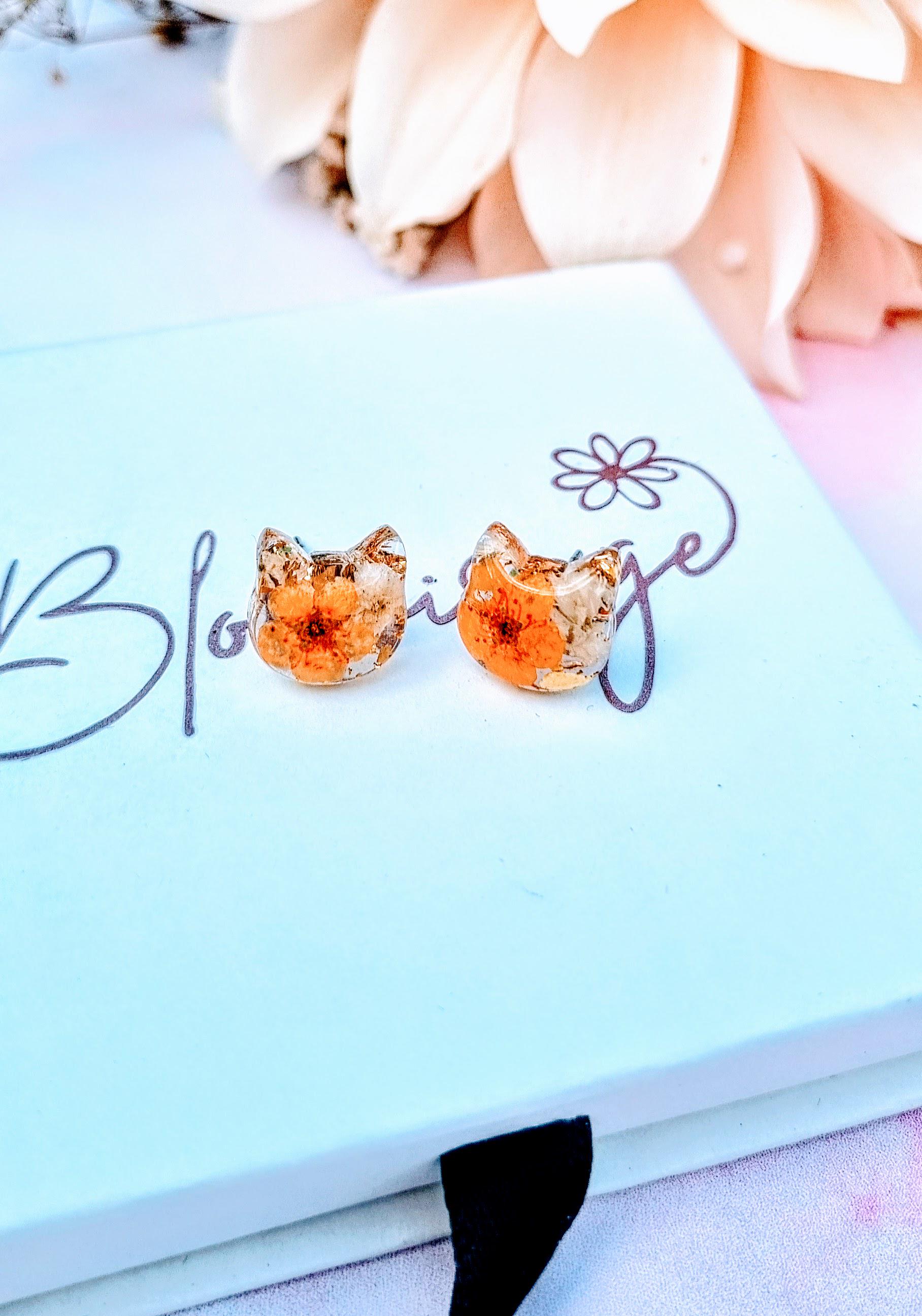 Cat Stud Earrings | Handmade Resin Jewellery | Real Pressed Flower | Feline Lover Gift