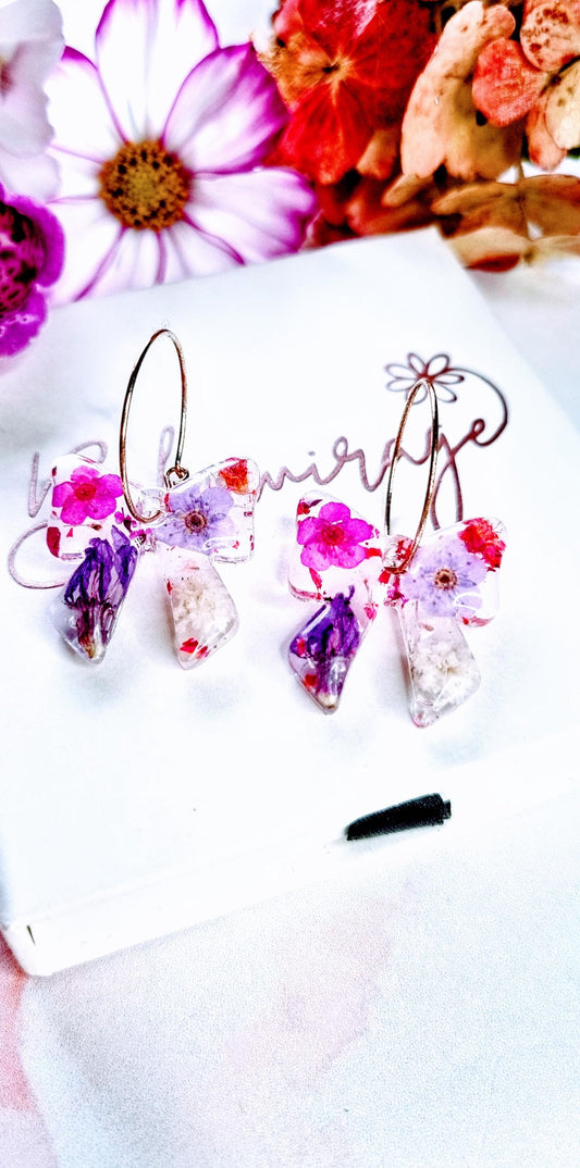Pink Bow Hoop Earrings | Botanical Resin Jewelry | Real Pressed Flowers | Whimsical Botanical Flower Jewellery
