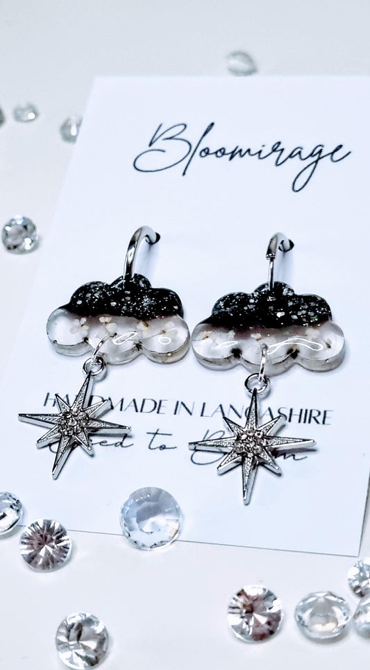 Clouds & Stars Hoop Earrings | Real Pressed Flowers | Whimsical Botanical Jewelry | Fairytale Gift