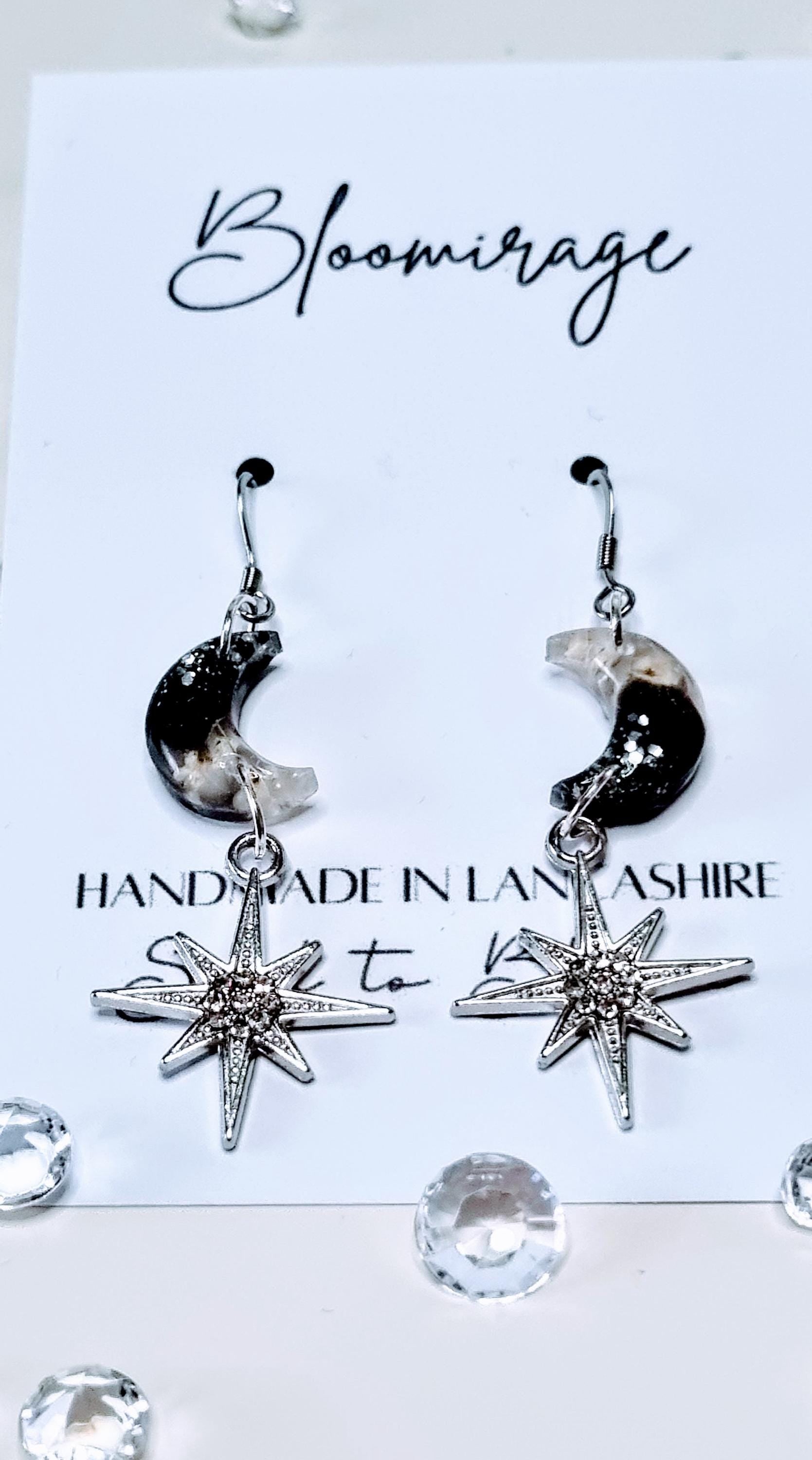 Moon & Stars Drop Earrings | Real Pressed Flowers | Whimsical Botanical Jewelry | Fairytale Gift