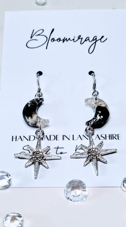 Moon & Stars Drop Earrings | Real Pressed Flowers | Whimsical Botanical Jewelry | Fairytale Gift