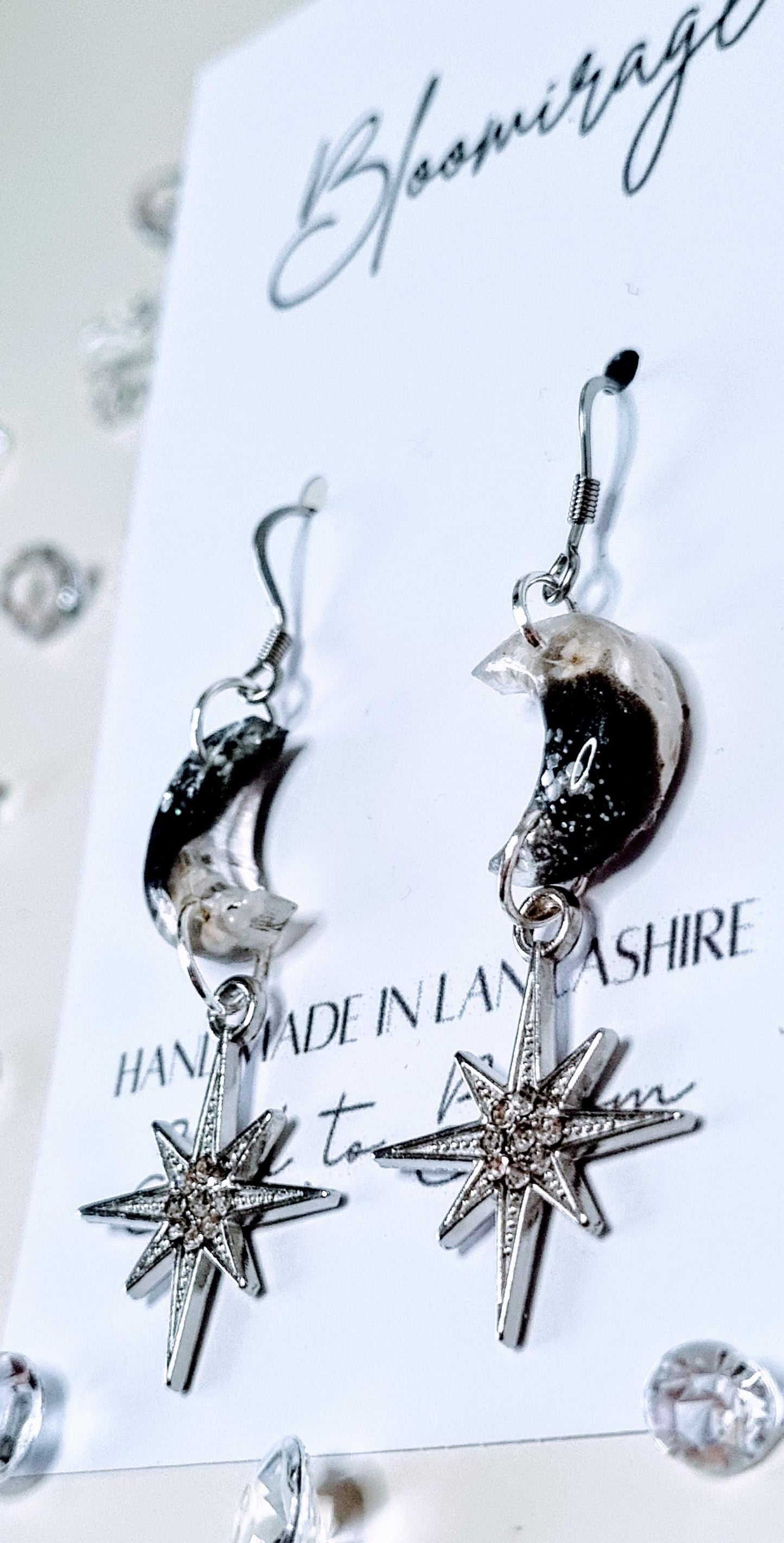 Moon & Stars Drop Earrings | Real Pressed Flowers | Whimsical Botanical Jewelry | Fairytale Gift