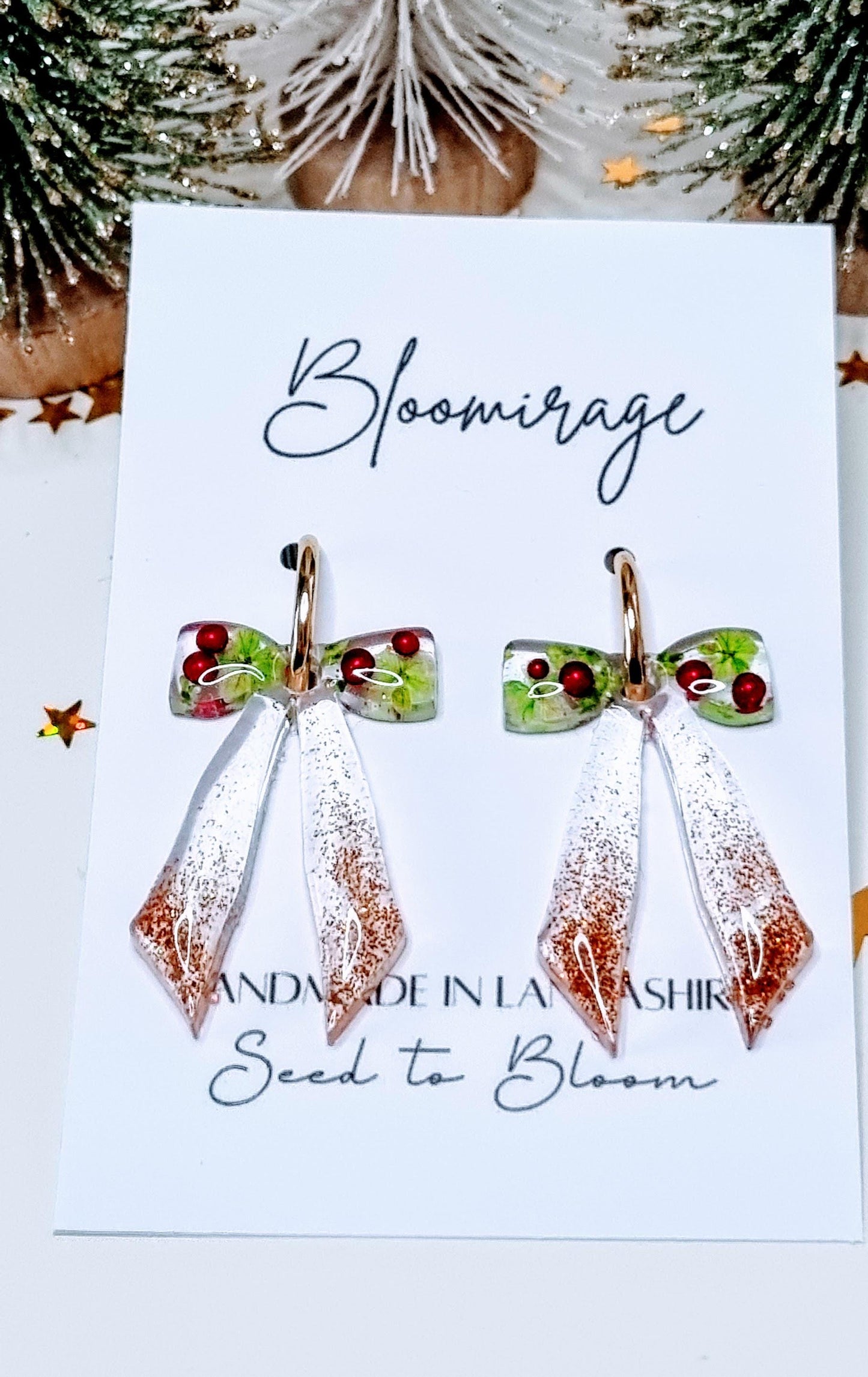 Christmas Bow Hoop Earrings | Bowble Botanical Winter Jewellery | Meaningful Gifts for Her | Red & Green