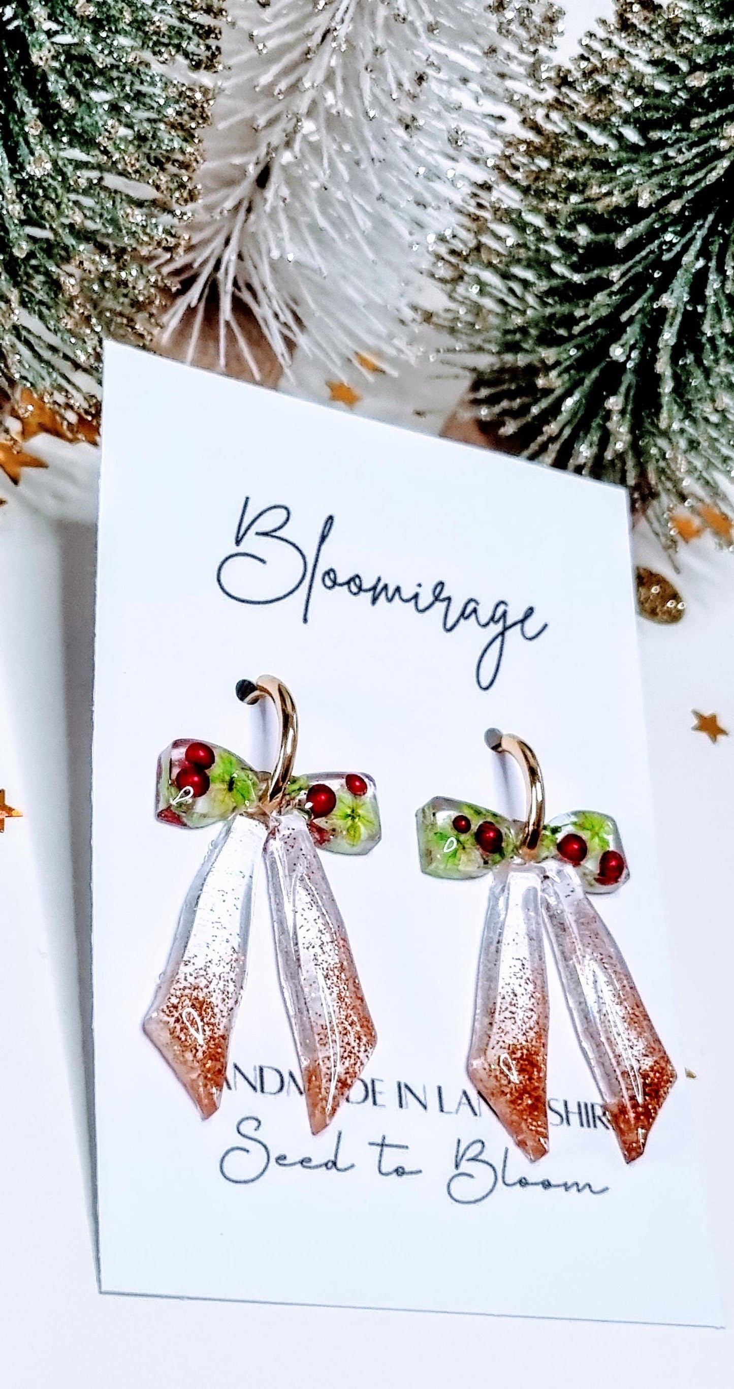 Christmas Bow Hoop Earrings | Bowble Botanical Winter Jewellery | Meaningful Gifts for Her | Red & Green