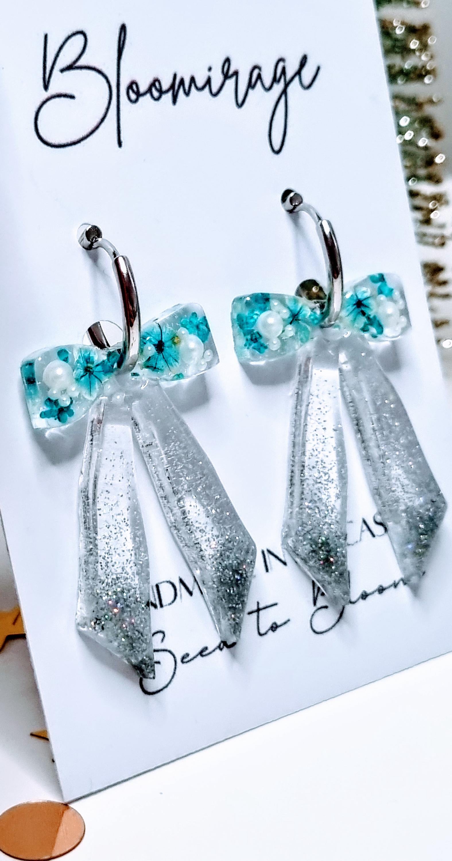 Christmas Bow Hoop Earrings | Bowble Botanical Winter Jewellery | Meaningful Gifts for Her | Blue & Silver