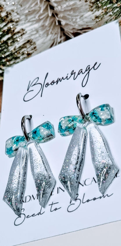 Christmas Bow Hoop Earrings | Bowble Botanical Winter Jewellery | Meaningful Gifts for Her | Blue & Silver