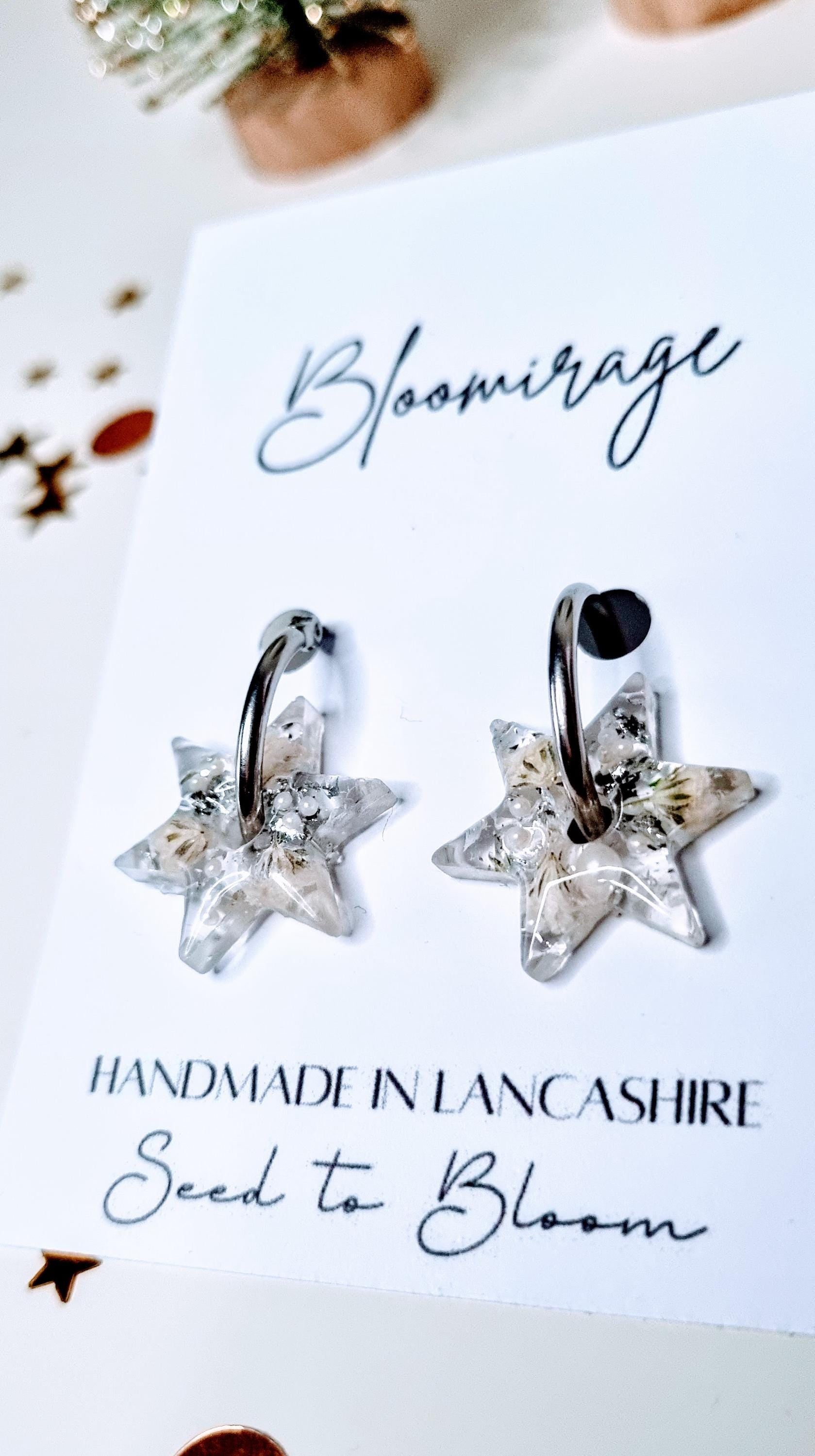 Spinning Star Hoop Earrings | White & Silver | Fidget Jewellery | Gift for Her