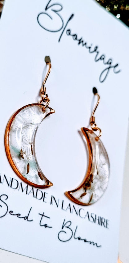 Moon Dandelion Seed Wish Earrings | Whimsical Botanical Jewelry | Fairytale Gift | Gold Moon Bezel Set