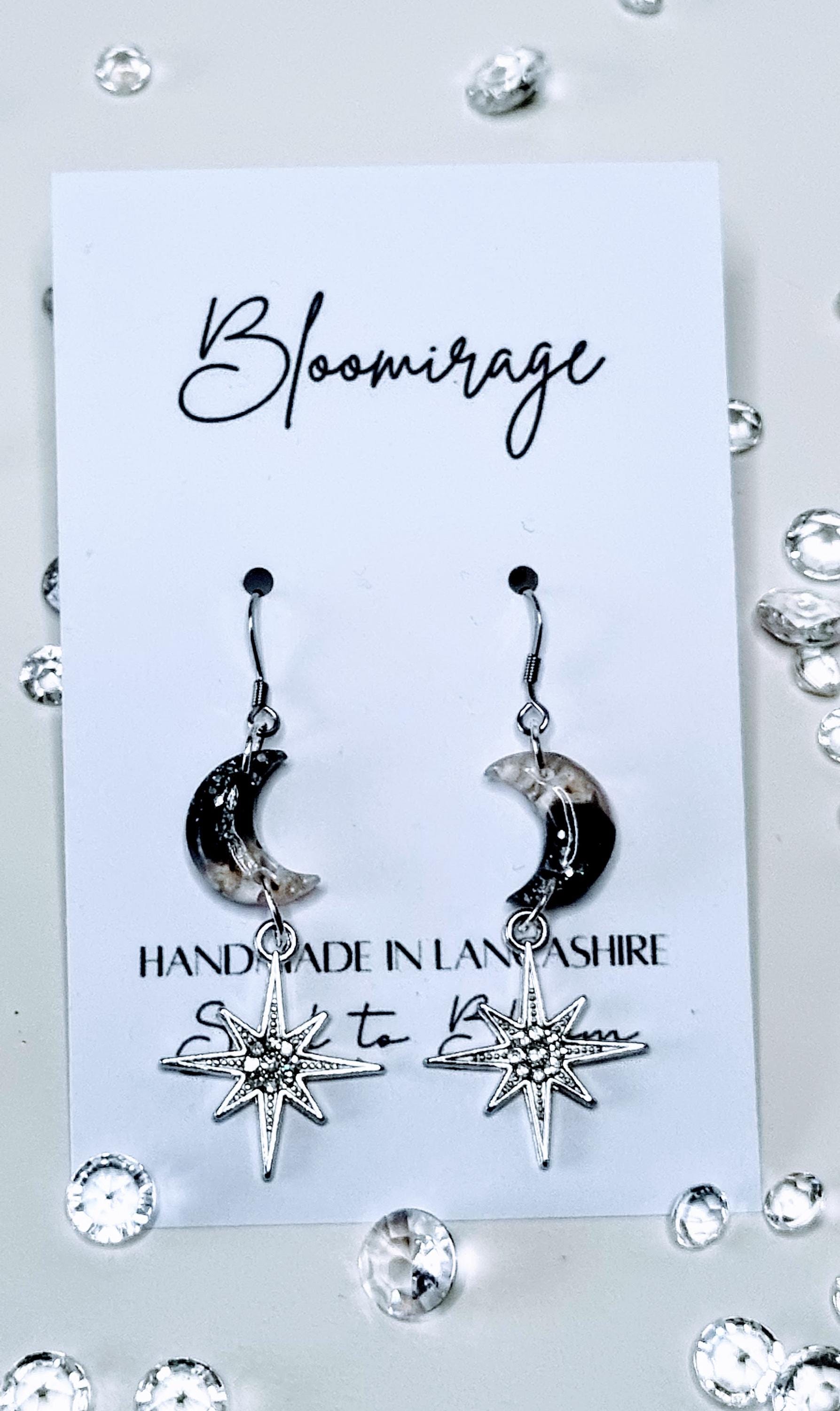 Moon & Stars Drop Earrings | Real Pressed Flowers | Whimsical Botanical Jewelry | Fairytale Gift