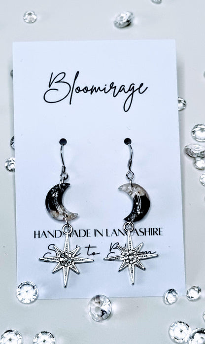 Moon & Stars Drop Earrings | Real Pressed Flowers | Whimsical Botanical Jewelry | Fairytale Gift