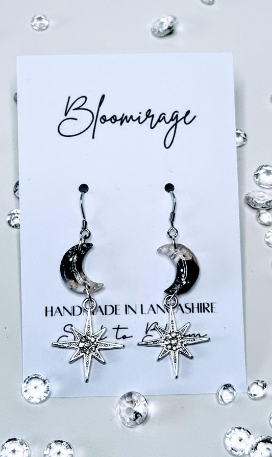 Moon & Stars Drop Earrings | Real Pressed Flowers | Whimsical Botanical Jewelry | Fairytale Gift