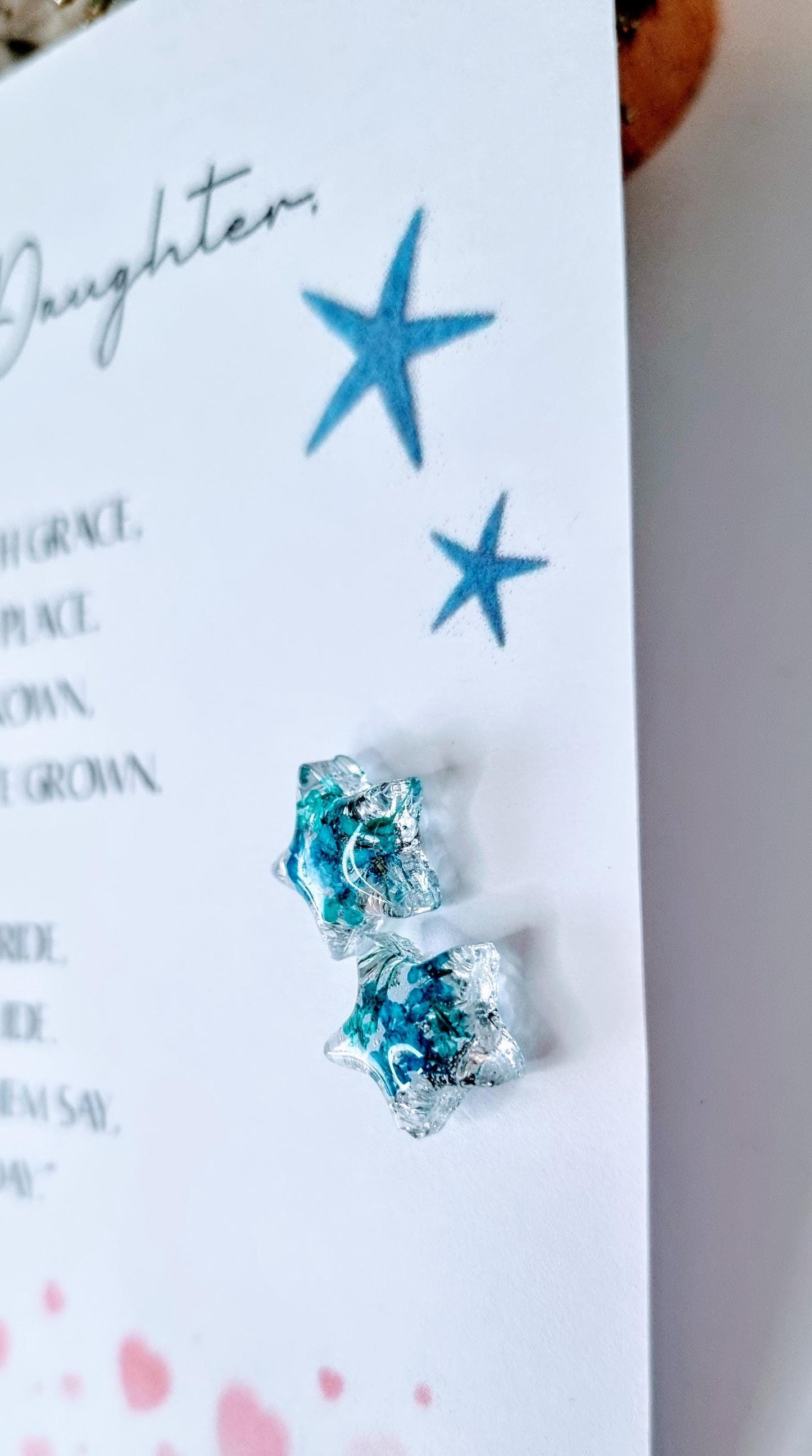 Blue Star Stud Handmade Earrings | Real Flowers, Sparkle | Daughter Gift