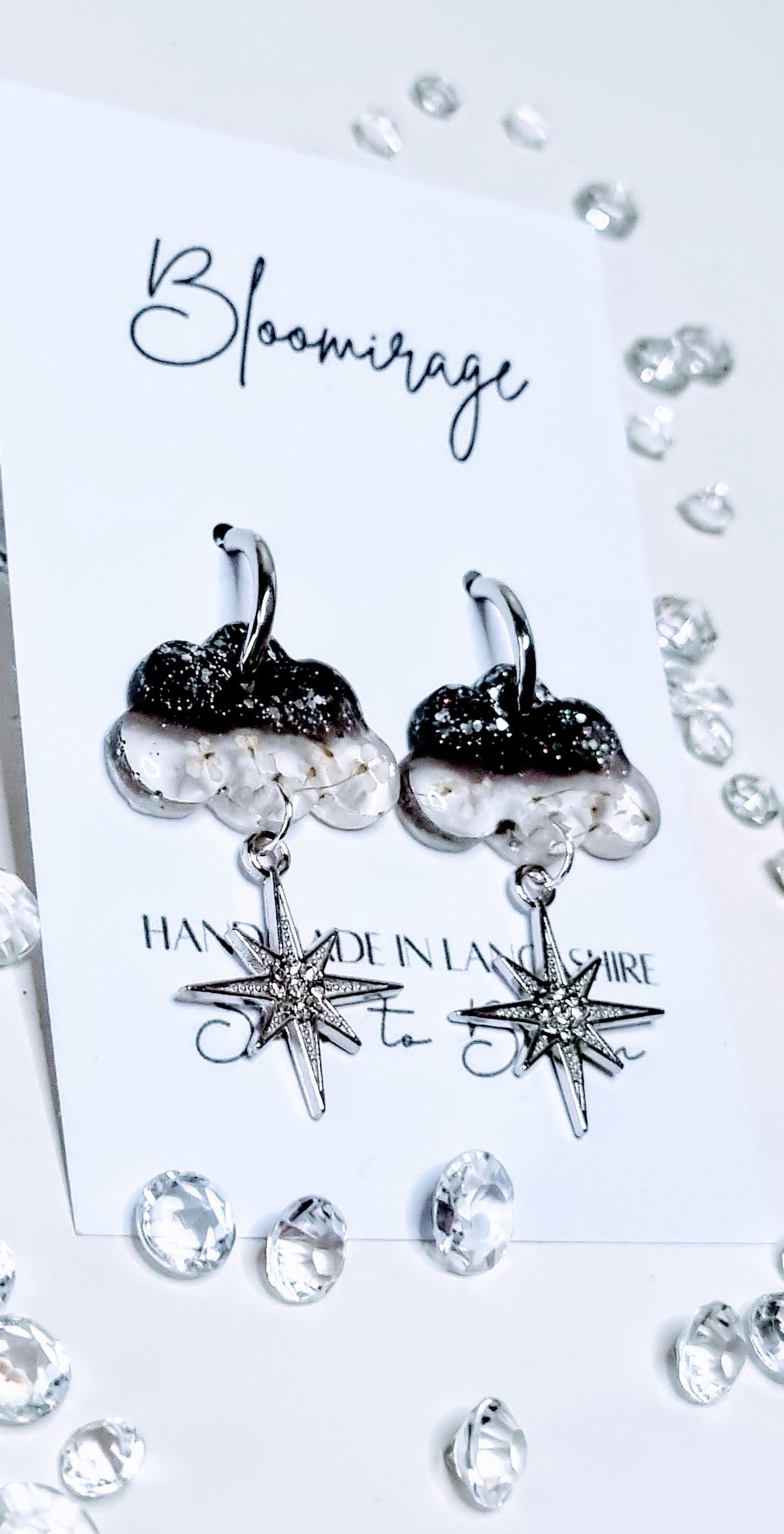 Clouds & Stars Hoop Earrings | Real Pressed Flowers | Whimsical Botanical Jewelry | Fairytale Gift