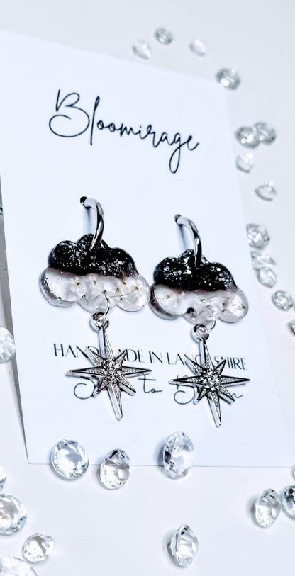 Clouds & Stars Hoop Earrings | Real Pressed Flowers | Whimsical Botanical Jewelry | Fairytale Gift