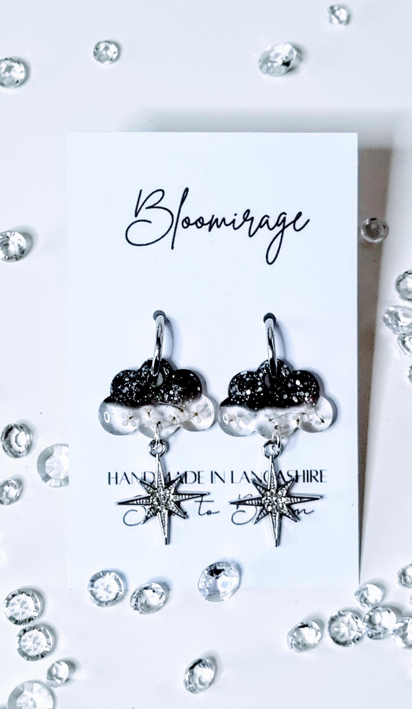 Clouds & Stars Hoop Earrings | Real Pressed Flowers | Whimsical Botanical Jewelry | Fairytale Gift