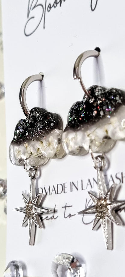 Clouds & Stars Hoop Earrings | Real Pressed Flowers | Whimsical Botanical Jewelry | Fairytale Gift