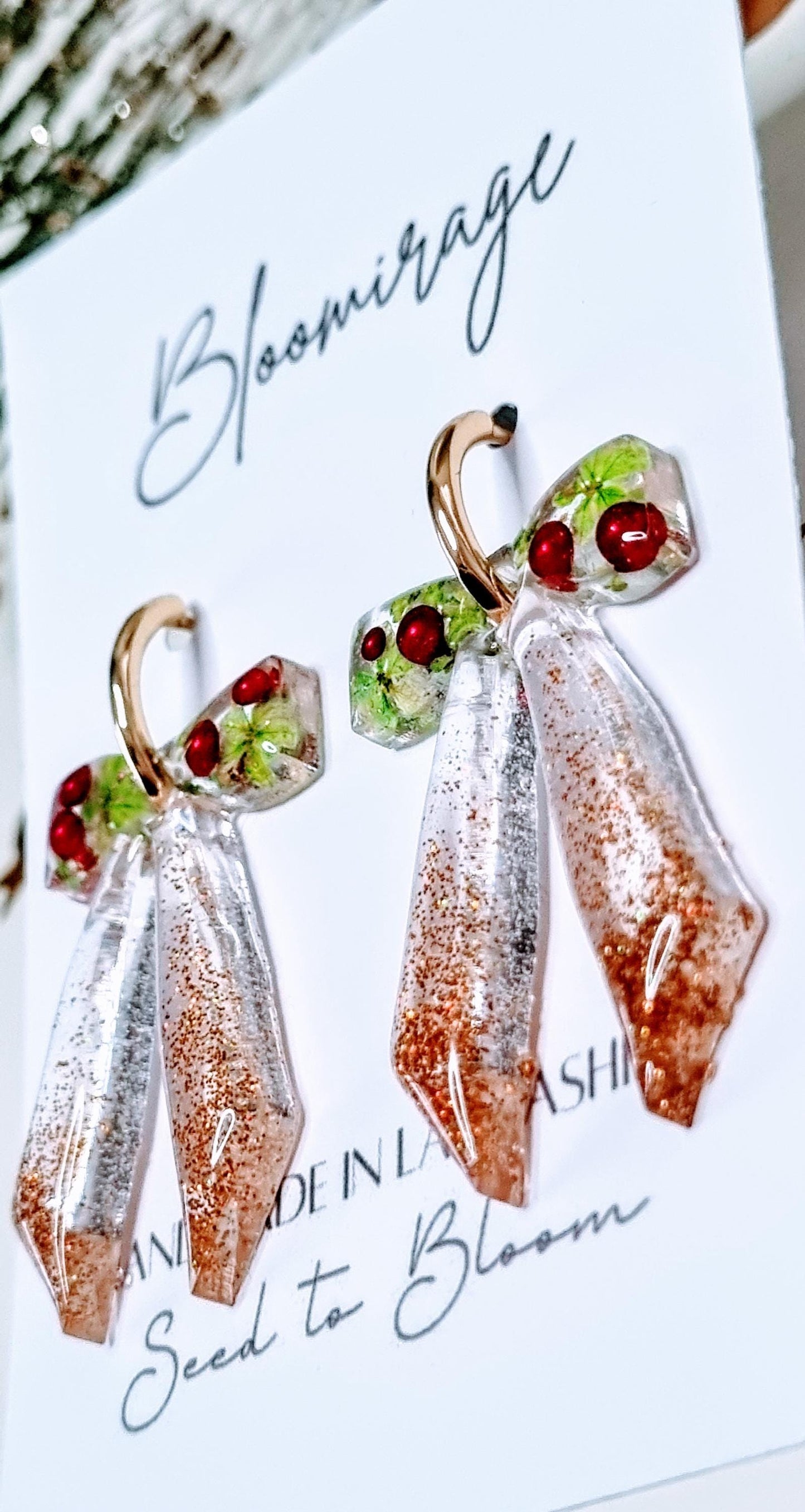 Christmas Bow Hoop Earrings | Bowble Botanical Winter Jewellery | Meaningful Gifts for Her | Red & Green