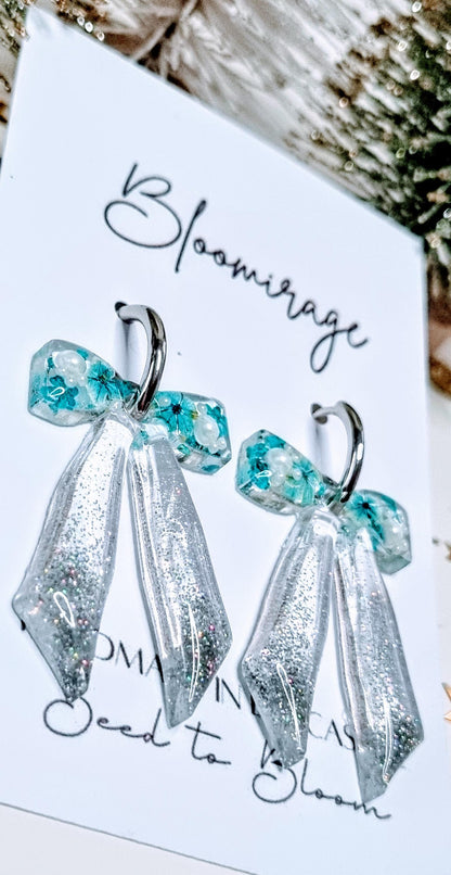 Christmas Bow Hoop Earrings | Bowble Botanical Winter Jewellery | Meaningful Gifts for Her | Blue & Silver