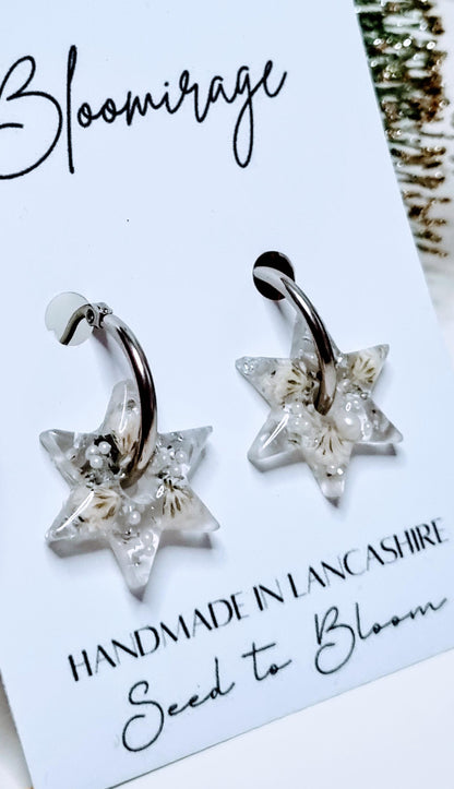 Spinning Star Hoop Earrings | White & Silver | Fidget Jewellery | Gift for Her