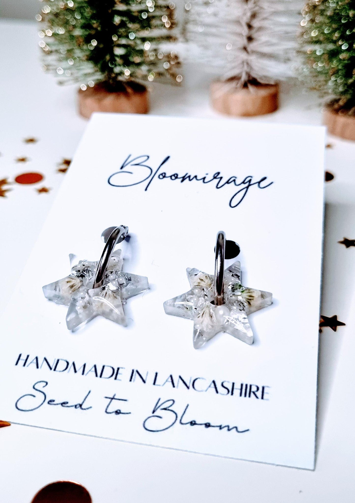 Spinning Star Hoop Earrings | White & Silver | Fidget Jewellery | Gift for Her