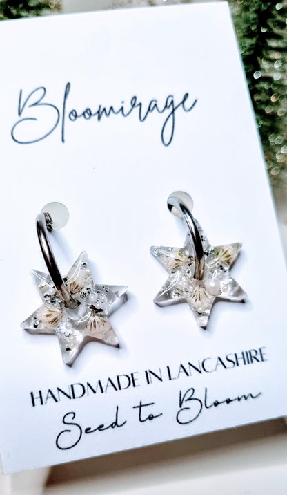 Spinning Star Hoop Earrings | White & Silver | Fidget Jewellery | Gift for Her