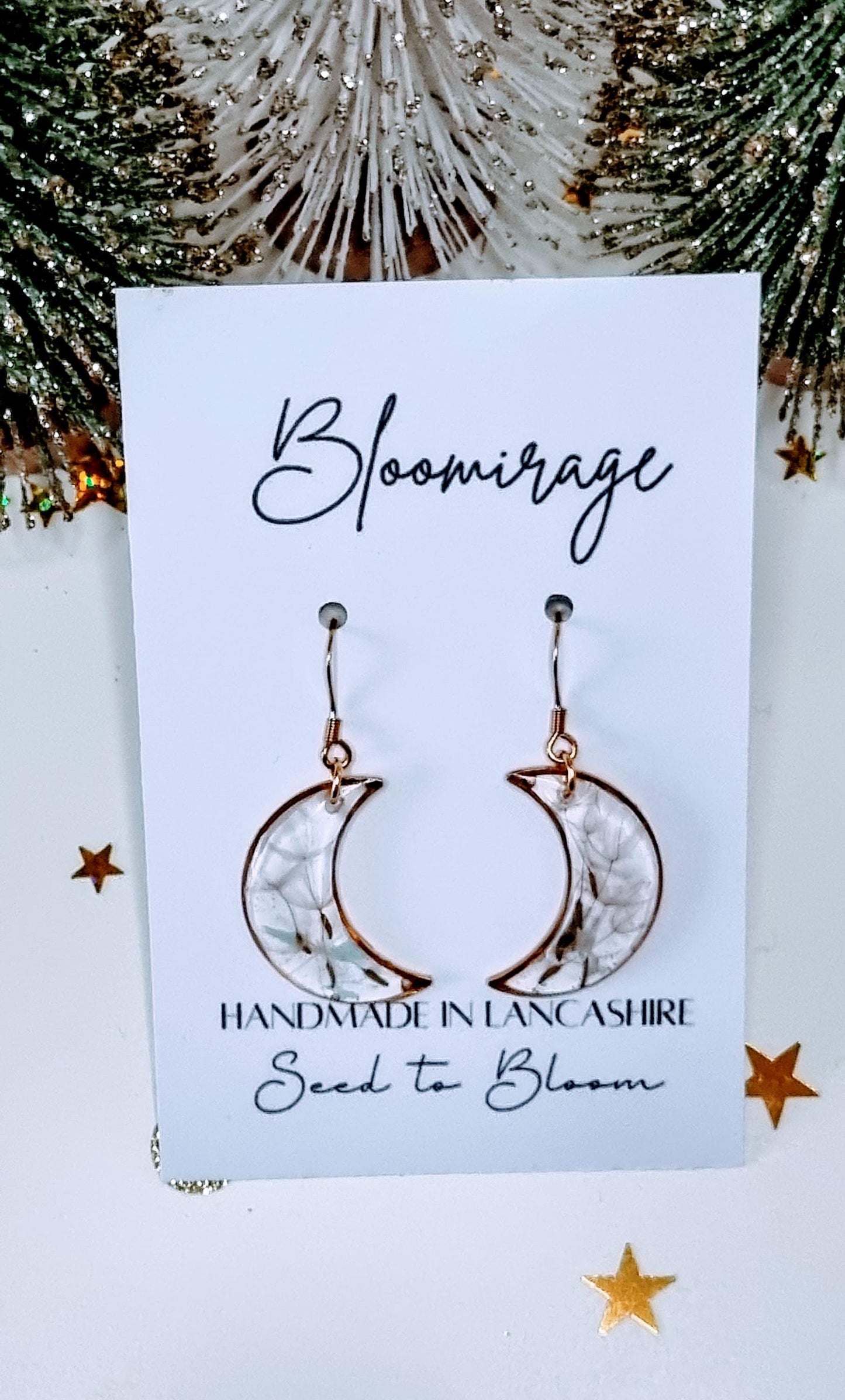 Moon Dandelion Seed Wish Earrings | Whimsical Botanical Jewelry | Fairytale Gift | Gold Moon Bezel Set