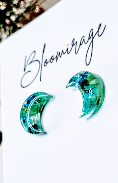Aqua Moon Handmade Stud Earrings | Whimsical Botanical Jewellery | Meaningful Pressed Flower Gift