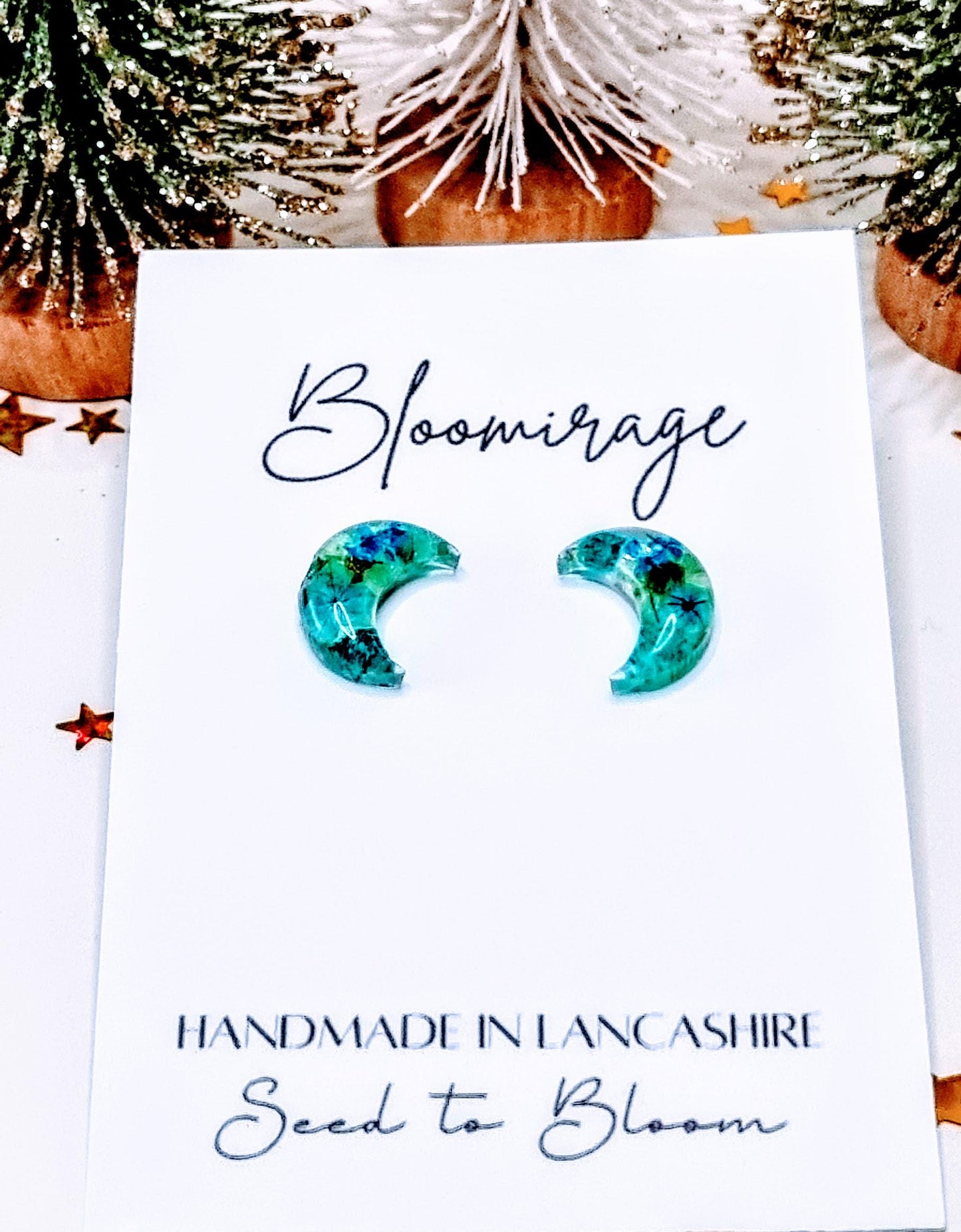 Aqua Moon Handmade Stud Earrings | Whimsical Botanical Jewellery | Meaningful Pressed Flower Gift