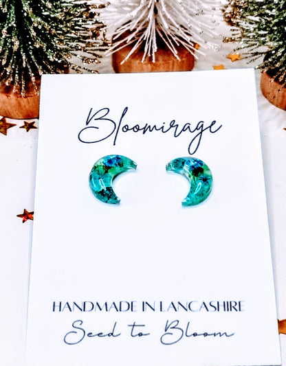 Aqua Moon Handmade Stud Earrings | Whimsical Botanical Jewellery | Meaningful Pressed Flower Gift
