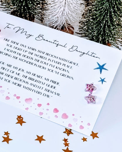 Pink Star Stud Earrings | Real Flower Handmade Jewelry, Daughter Gift