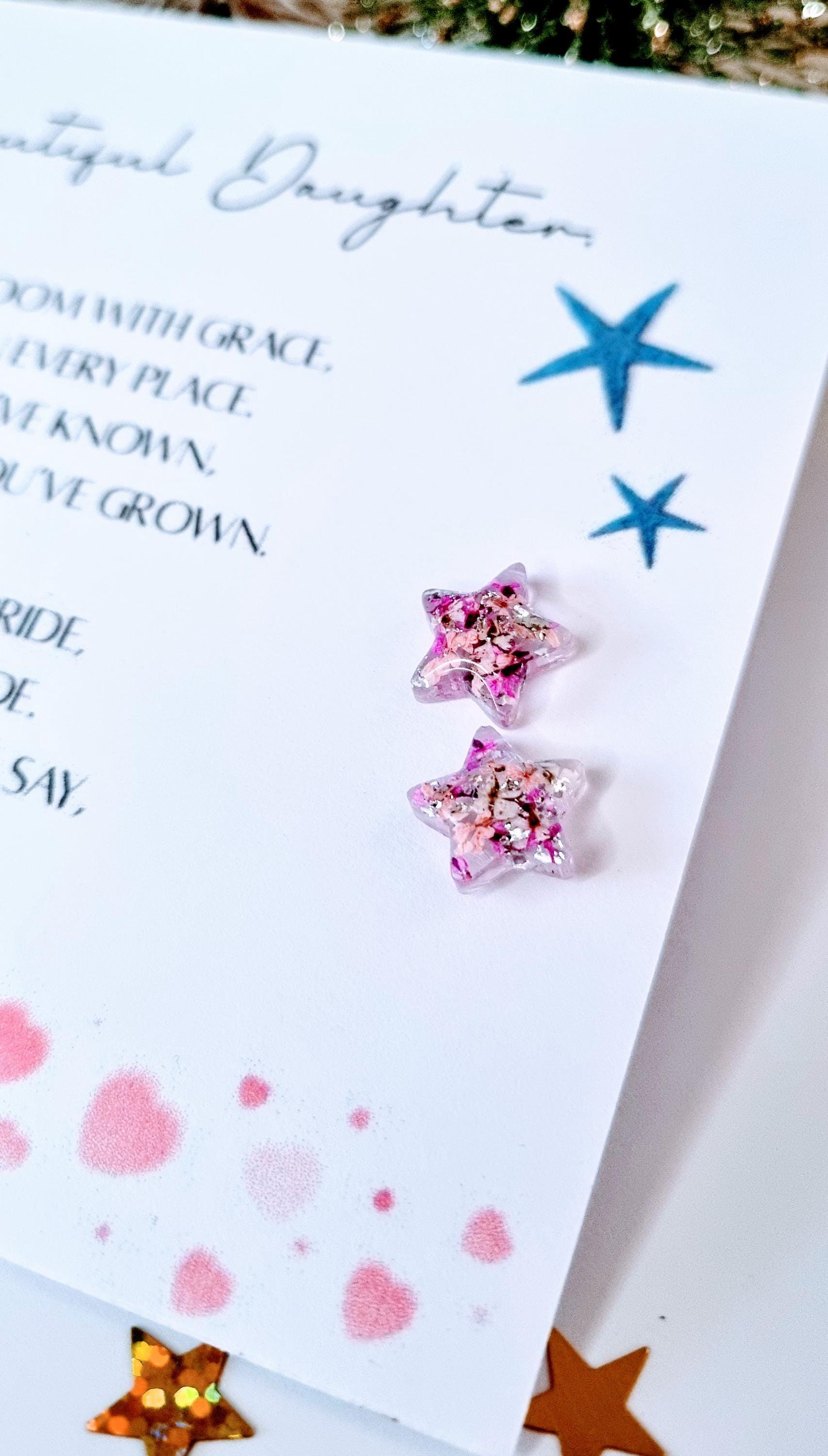 Star stud earrings gift for my beautiful daughter with poem hand made containing real flowers and some bling. presented mounted on a poem gift card. present for Christmas and birthday. love your daughter unique jewellery.
