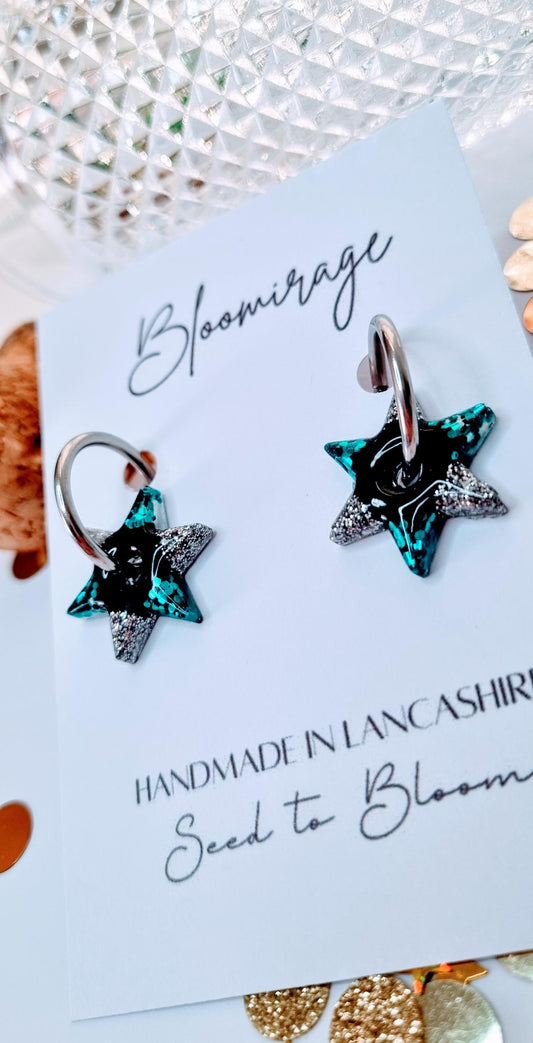 Spinning Star Hoop Earrings | Teal, Silver & Black | Glitter party jewellery
