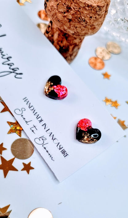 Pink & Gold Heart Stud Earrings | Handmade Hypoallergenic Jewellery