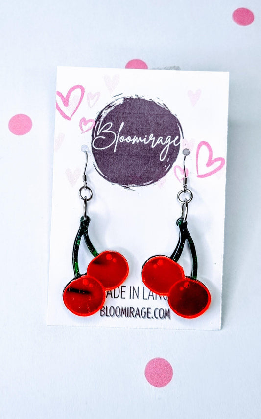Cherry Mirrored Engraved Earrings | Valentines Day | Handmade Jewellery